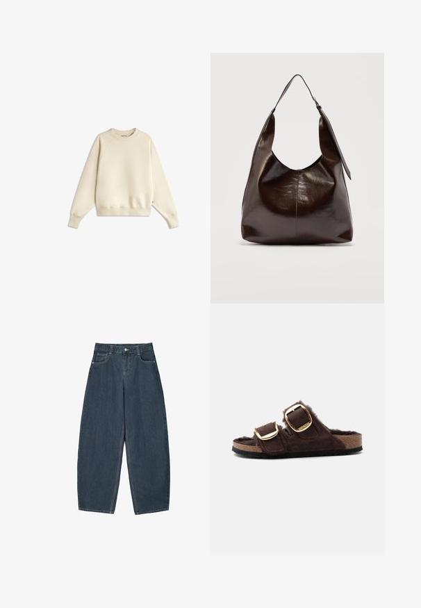 Sweat-shirt à manches longues de couleur crème avec col rond et poignets et ourlet côtelés, posé à plat sur un fond blanc.; Jeans en denim bleu foncé à jambes larges avec une taille haute, dotés de cinq poches et de détails de couture visibles. Design épuré et minimal.; Sandale marron à bout ouvert avec deux boucles dorées réglables et une doublure douce et duveteuse sur une semelle en liège.; Sac à bandoulière en cuir marron foncé brillant avec une seule large sangle et un détail de boucle sur un côté, posé sur un fond clair uni.