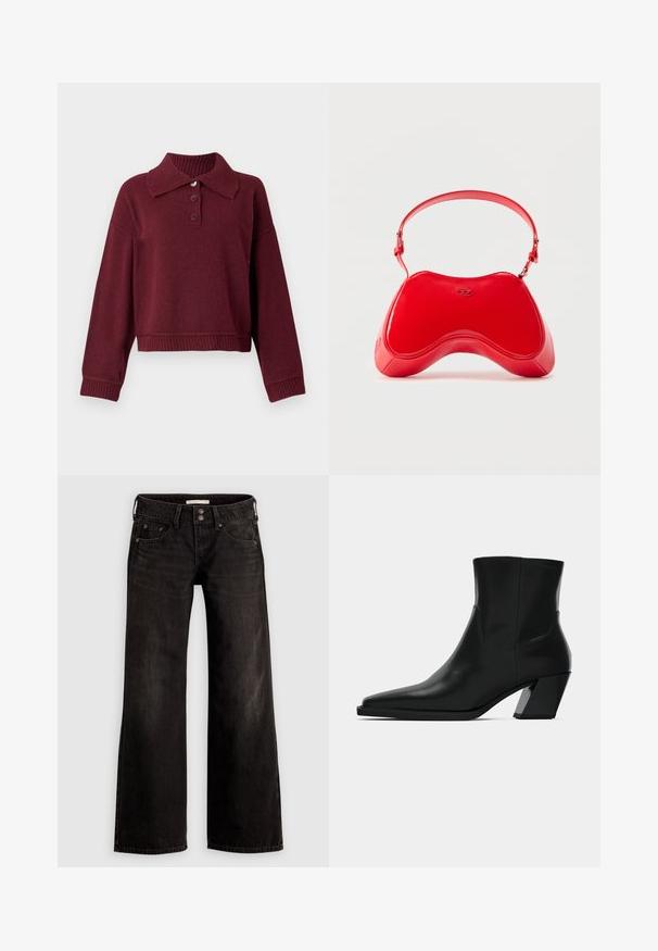 Pull beige avec col, patte de boutonnage à trois boutons et bords côtes. Texture douce avec une coupe décontractée.; Jean noir à jambes larges avec une finition légèrement délavée, comprenant des poches avant, une fermeture éclair et un bouton. Fabriqué en tissu denim.; Bottine en cuir noir avec un bout pointu, une silhouette élégante et un talon carré massif. Texture lisse avec des détails de couture minimalistes.; Sac en cuir verni rouge avec une forme incurvée et ergonomique, doté d'une fine sangle réglable et d'un discret logo sur le devant.