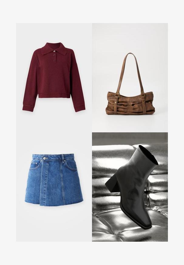Pull beige avec col, patte de boutonnage à trois boutons et bords côtes. Texture douce avec une coupe décontractée.; Mini-jupe en denim bleu moyen avec taille haute, fermeture à bouton sur le devant, deux poches et un ourlet brut en bas.; Botte noire à la cheville en matériau brillant avec un bout carré et un talon effilé, sur un fond argenté brillant et capitonné.; Even&Odd Sac à main - brown