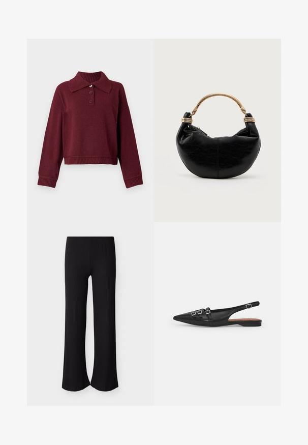 Pull beige avec col, patte de boutonnage à trois boutons et bords côtes. Texture douce avec une coupe décontractée.; Pantalon large noir à côtes avec une surface texturée, présentant une ceinture ajustée et des ourlets évasés pour une coupe décontractée.; Chaussure plate noire en cuir avec un bout pointu, dotée de deux lanières horizontales et de boucles carrées en argent, avec un faible talon et une texture lisse.; Sac noir en forme de croissant avec une surface texturée et une poignée rigide en ton doré ornée de décorations en spirale.