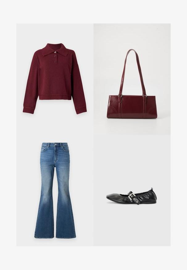 Pull beige avec col, patte de boutonnage à trois boutons et bords côtes. Texture douce avec une coupe décontractée.; Jean en denim bleu taille haute, évasés, avec un effet délavé, comportant deux poches avant, une fermeture à bouton, et des détails cousus sur les coutures.; Chaussure plate en cuir noir avec un nez pointu, des détails froncés autour de l'ouverture et un accent en boucle argentée sur la bride ajustable.; Sac à main bordeaux en matériau brillant, de forme rectangulaire, avec deux anses et des accents légèrement courbés à l'avant.