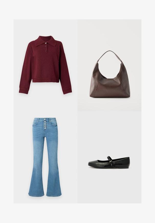 Pull beige avec col, patte de boutonnage à trois boutons et bords côtes. Texture douce avec une coupe décontractée.; Jeans évasés bleu clair en denim, dotés d'une taille haute, d'une braguette à cinq boutons et d'un léger délavage à l'avant pour la texture.; Ballerines en cuir noir avec un bout arrondi, une semelle plate et une fine sangle ajustable sur le cou-de-pied avec une boucle en métal.; Sac à épaule en cuir tressé marron avec une seule large bandoulière et un corps souple en forme de croissant.