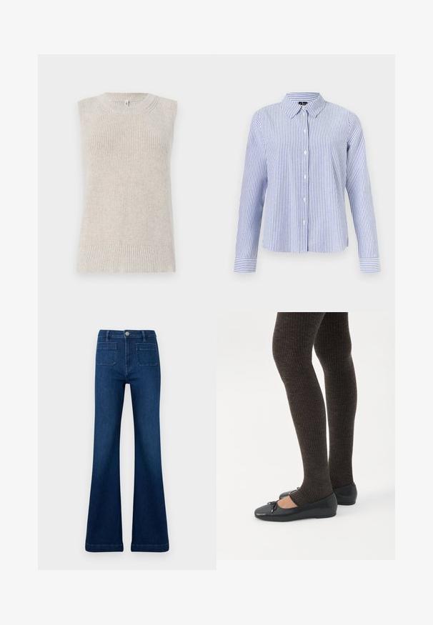Top sans manches en tricot de couleur beige clair avec une texture côtelée, un col rond et des détails tricotés le long des épaules et de l'ourlet.; Chemise à manches longues boutonnée, avec des rayures verticales blanches et bleu clair et un col pointu, présentée sur un fond uni.; Jean évasé bleu foncé en denim, doté d'une taille haute, de deux poches arrière et de coutures contrastantes le long des coutures.; Jambes portant des leggings côtelés foncés associés à des ballerines noires avec de petits détails en nœud sur fond blanc.
