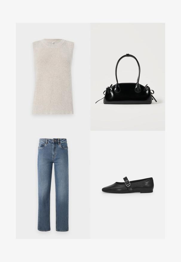 Top sans manches en tricot de couleur beige clair avec une texture côtelée, un col rond et des détails tricotés le long des épaules et de l'ourlet.; Jean bleu à jambes droites avec poches avant, passants de ceinture et fermeture à bouton, présentés sur un fond blanc uni.; Chaussure plate en cuir noir avec un bout arrondi, une seule sangle réglable à boucle et une texture lisse et brillante. Design minimaliste avec un petit talon.; Petit sac à main noir brillant avec deux longues anses et des détails à cordon sur les côtés sur un fond clair uni.