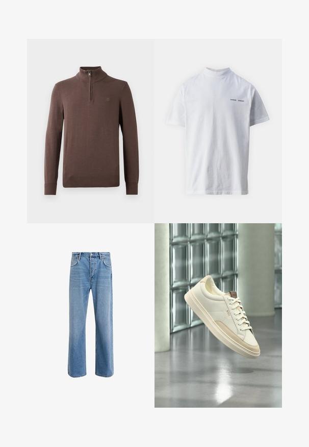 Brun strikket pullover med høj krave og kvart lynlås. Har ribbet manchetter og nederkant, samt et lille logo på brystet.; Hvid bomulds t-shirt med høj halsudskæring og korte ærmer. Har "SAMSØE SAMSØE" logo i sort på forsiden. Glat tekstur.; Lyseblå denim jeans med lige ben-design, fem lommer, knaplukning, minimal falming og kontraststingdetaljer.; Hvid lavtop sneaksko med beige accenter og snørebånd, mærket "BOSS", svæver over en poleret gulv med en glasblokvæg i baggrunden.