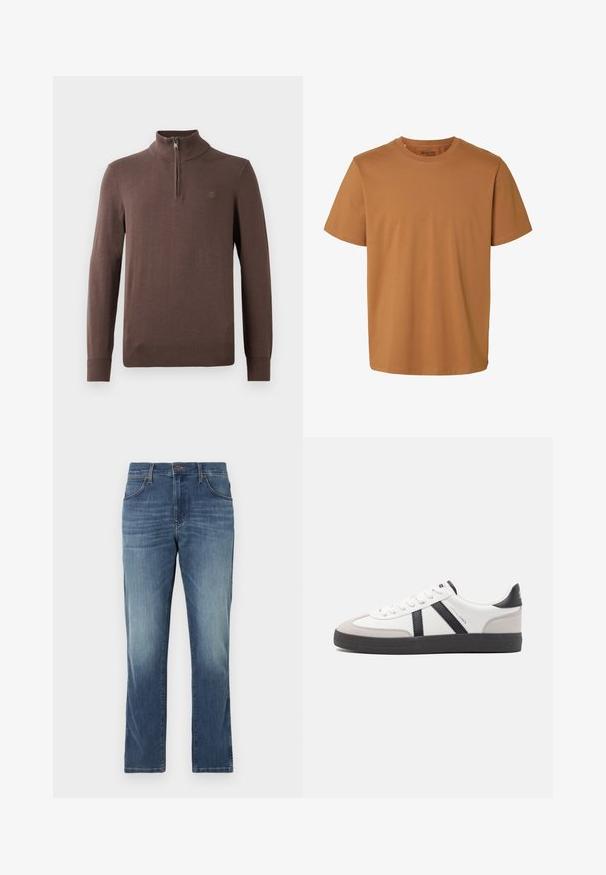 Bruine gebreide pullover met een hoge kraag en een kwart rits. Voorzien van geribbelde mouwen en onderrand, met een klein logodetail op de borst.; Effen bruine katoenen T-shirt met korte mouwen, ronde hals en normale pasvorm, met het label "Selected Homme" aan de binnenkant van de kraag.; Denim jeans in een medium blauwe wassing met een rechte pijp, vijf zakken en een klassieke knoop- en ritssluiting. Vervaagde details op de dijen.; Witte sneaker met zwarte en grijze accenten, voorzien van een grijze neus met textuur, zwarte rubberen zool en platte witte veters. Schoon ontwerp, minimalistische stijl.