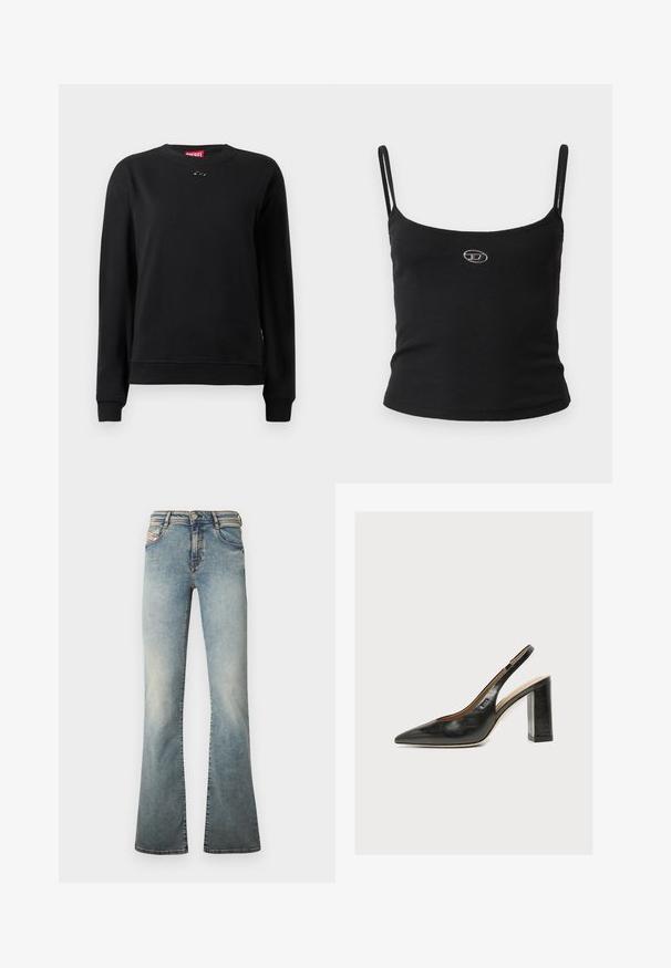 Sweat-shirt noir en tissu doux, avec un col rond, des manches longues et un petit logo circulaire près du col.; Haut caraco noir côtelé avec fines bretelles et petit logo métallique au centre. Le tissu semble extensible et près du corps.; Jean évasé bleu clair en denim, doté de cinq poches, d'une fermeture par bouton et d'un effet délavé subtil sur les jambes.; Escarpin slingback en cuir noir pour femme avec bout pointu et talon bloc épais et haut sur fond blanc.