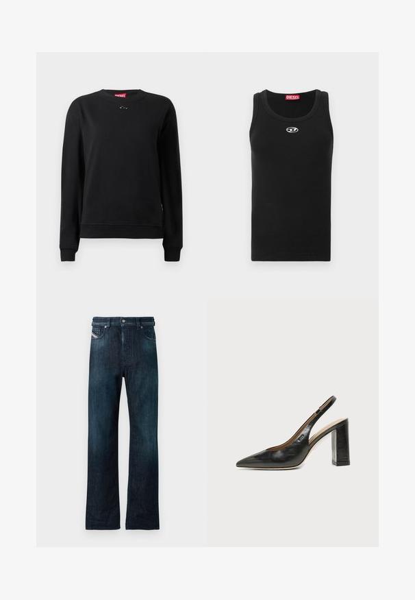 Sweat-shirt noir en tissu doux, avec un col rond, des manches longues et un petit logo circulaire près du col.; Débardeur noir en tissu de coton avec encolure ronde, design sans manches, et petit logo blanc sur la poitrine.; Jean en denim bleu foncé avec une coupe droite, doté d'une fermeture avant à boutons et de poches latérales. Texture douce avec une finition légèrement délavée.; Chaussure slingback en cuir noir à bout pointu avec un talon bloc haut et une doublure intérieure beige sur un fond clair uni.