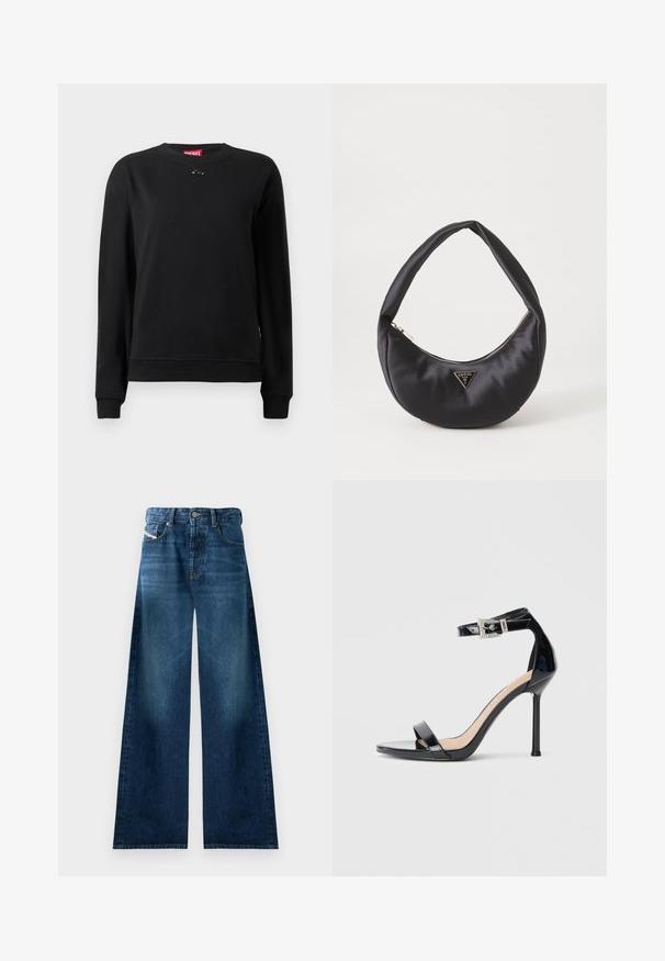 Sweat-shirt noir en tissu doux, avec un col rond, des manches longues et un petit logo circulaire près du col.; Jean en denim large à la coupe décontractée, dans un lavage foncé. Doté d'un design classique à cinq poches, avec fermeture à bouton et légère décoloration sur les cuisses.; Sandale à talon haut en cuir verni noir avec bride à la cheville. Présente un design minimaliste, un bout ouvert et une boucle ornée de strass.; Sac à main en satin noir avec une forme courbée, doté d'une fermeture à glissière et d'un logo triangulaire en métal à l'avant. Texture lisse et design épuré.