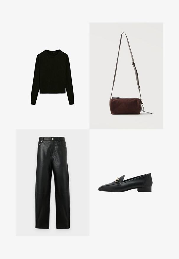 Pull en tricot noir avec un col rond, des manches longues et une coupe cropped. Fabriqué dans un matériau doux avec une texture lisse.; Pantalon noir droit en similicuir taille haute avec bouton avant, fermeture éclair, passants pour ceinture et poches latérales sur fond uni.; Mocassins en cuir noir avec un bout pointu, un talon plat, et un détail décoratif en métal doré sur le dessus. Texture lisse et design épuré.; Sac bandoulière cylindrique en daim marron foncé avec une fine sangle en cuir réglable et une fermeture éclair sur le dessus.