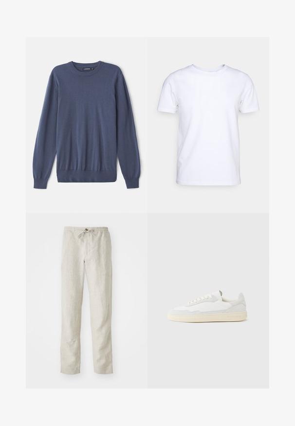 Herrenblauer Pullover aus weichem Material, mit Rundhalsausschnitt, langen Ärmeln, gerippten Bündchen und passgenauem Saum. Glatte Textur ohne Muster.; Weißes T-Shirt mit kurzen Ärmeln aus Baumwollstoff und rundem Halsausschnitt. Schlichtes Design ohne Muster oder Akzente. Glatte Textur.; Helle beige Leinenhose mit geradem Beinschnitt, elastischem Bund, verstellbarem Kordelzug und ohne sichtbare Muster oder Metallteile.; Weißer Sneaker mit strukturiertem Obermaterial aus Wildleder und Leder. Verfügt über eine runde Zehenpartie, Schnürverschluss und eine kontrastierende beige Gummisohle.