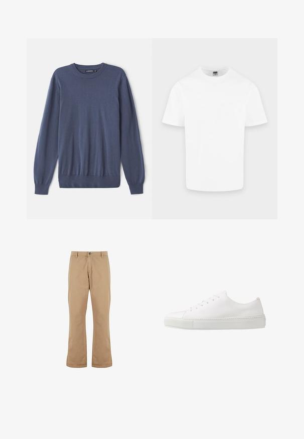 Mænds blå sweater lavet af blødt stof, med rund hals, lange ærmer, ribbede manchetter og en tætsiddende kant. Glat tekstur uden mønstre.; Enkelt hvid kortærmet T-shirt med rund hals i bomuld vist på en lys grå baggrund.; Beige bomuldsbukser med lige pasform, der har knaplukning, forlommer og en glat tekstur.; Hvide lædersneakers med en glat finish, rund tå og seks øjer til snørebånd. Har en tekstureret gummisål og et minimalisk design.
