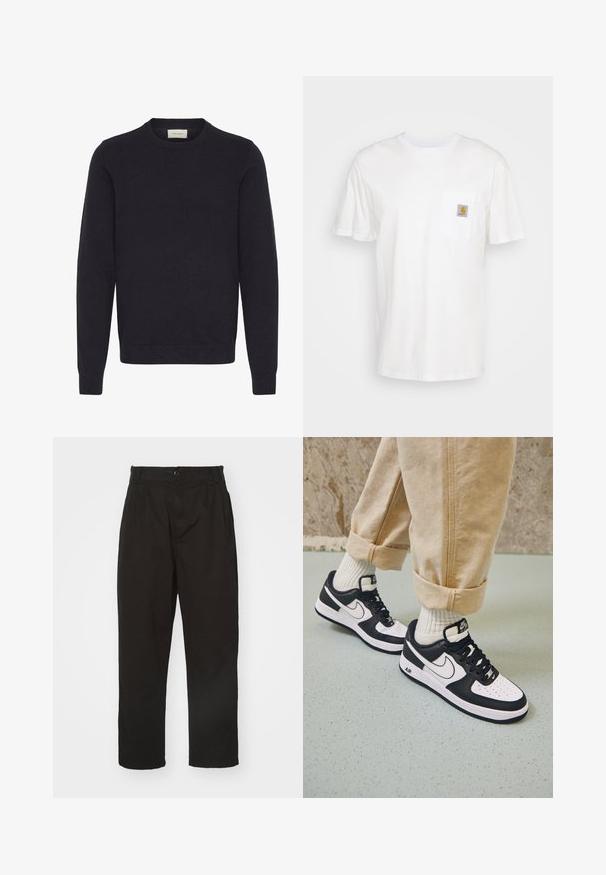 Sort strikket sweater med rund halsudskæring, lange ærmer og ribbede manchetter og kant. Glat tekstur uden synlige mønstre eller dekorationer.; Hvid bomulds T-shirt med korte ærmer, en brystlomme, og et lille firkantet logo patch i orange og hvid på lommen.; Sorte bukser lavet af glat stof, med knaplukning, lige pasform og to frontfolder for ekstra detalje.; Sorte og hvide Nike Air Force 1 sneakers med læderoverdel, perforeret tå og tekstureret såldetalje, båret med rullede beige bukser og hvide sokker.