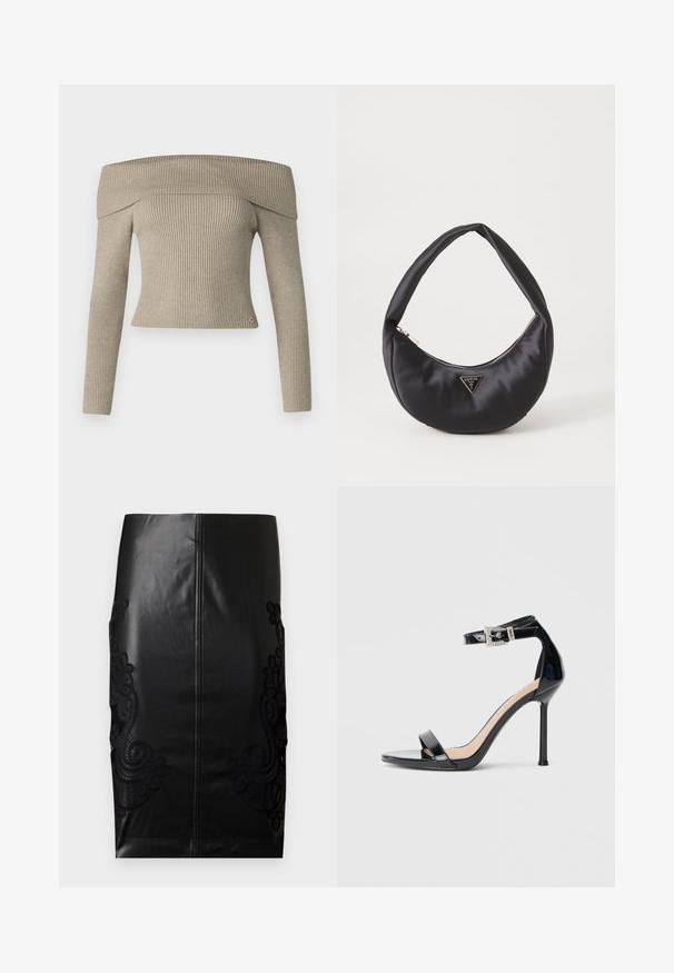Haut en tricot côtelé beige, décolleté asymétrique, à manches longues et à coupe ajustée. Caractérisé par un petit logo en accent au niveau de l'ourlet.; Jupe crayon en cuir noir avec un délicat broderie en dentelle noire sur les côtés, dos sans couture et texture lisse. Coupe classique et silhouette.; Sandale à talon haut en cuir verni noir avec bride à la cheville. Présente un design minimaliste, un bout ouvert et une boucle ornée de strass.; Sac à main en satin noir avec une forme courbée, doté d'une fermeture à glissière et d'un logo triangulaire en métal à l'avant. Texture lisse et design épuré.
