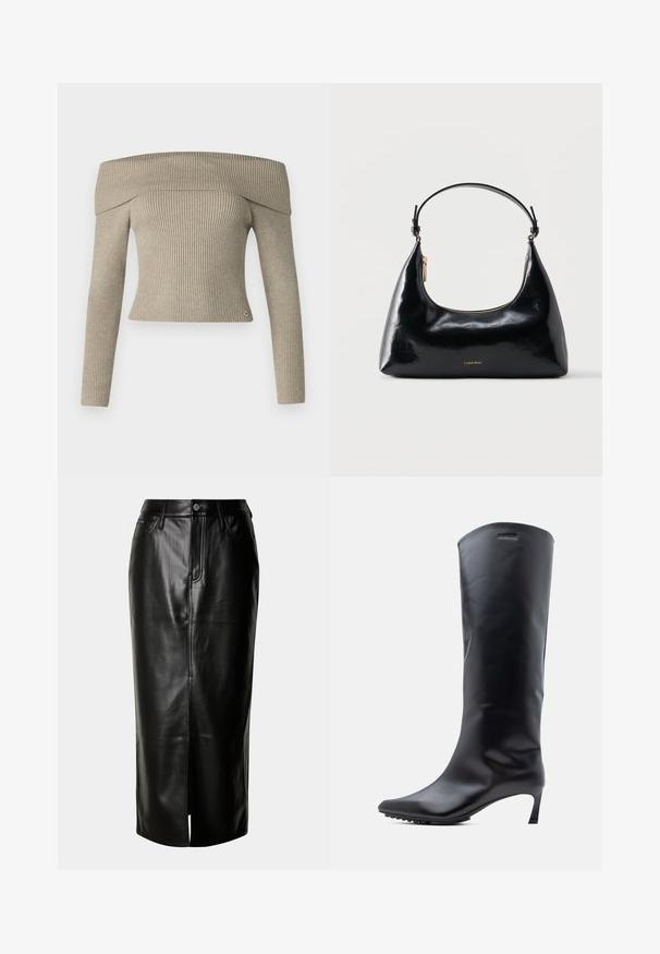Haut en tricot côtelé beige, décolleté asymétrique, à manches longues et à coupe ajustée. Caractérisé par un petit logo en accent au niveau de l'ourlet.; Jupe midi en cuir noir avec une coupe droite, fente avant et design classique à cinq poches avec des accents en métal.; Botte en cuir noire montant jusqu'au genou avec un bout pointu et un talon haut et mince. Texture lisse avec un minimum de métal et le logo de la marque près du haut.; Sac à main Calvin Klein noir brillant avec fermeture éclair dorée et anse courte sur fond blanc uni.