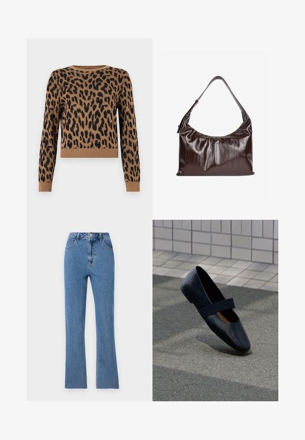 Sweater med leopardprint i tan med sorte pletter. Materialet er strikket, har en rund halsudskæring og ribbestrikket kant. Kort længde og lange ærmer.; Slim fit blå jeans lavet af denim, med høj talje, flare ben og subtile syninger detaljer. Klassisk fem-lomme design.; Sort læder flad sko med rund tå, der har en blød sort elastisk strop over vristen. Glat tekstur og minimalistisk design.; Mørkebrun læder skuldertaske med justerbar rem, diskrete lodrette syninger og en let glans.