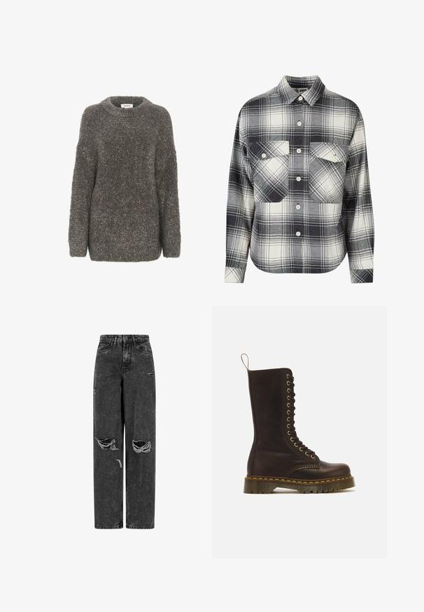 Grå, tekstureret sweater med rund halsudskæring, lange ærmer og løs pasform. Lavet af et blødt, fnugget materiale, der har et enkelt design.; Rutet flannel skjorte i sort, hvid og grå. Har knaplukning foran, to brystlommer og lange ærmer med knapmansjetter.; Sorte højtaljede brede bukser af jeans med rifter på knæene og slidte detaljer på en hvid baggrund.; Høj mørkebrun læder snørestøvle med gule syninger, tyk rillede sål og trækstrop bagpå.