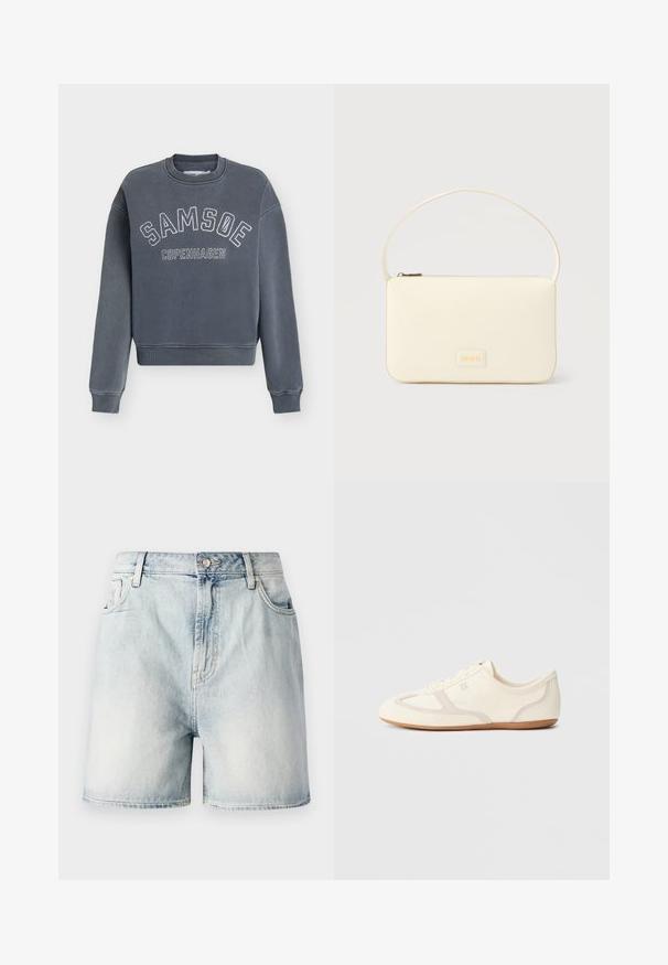 Sweat-shirt gris foncé à col rond avec « SAMSOE » en arc et « COPENHAGEN » en dessous en lettres blanches usées sur le devant.; Shorts en denim bleu clair avec fermeture par bouton, cinq poches et une texture délavée. Coupe droite au design classique.; Baskets couleur crème avec une tige en daim et tissu, un bout arrondi, et une semelle en caoutchouc avec un détail accent beige. Fermeture à lacets.; Sac à main rectangulaire de couleur crème avec une seule sangle et une fermeture éclair sur le dessus, comportant une petite plaque de logo embossé à l'avant.