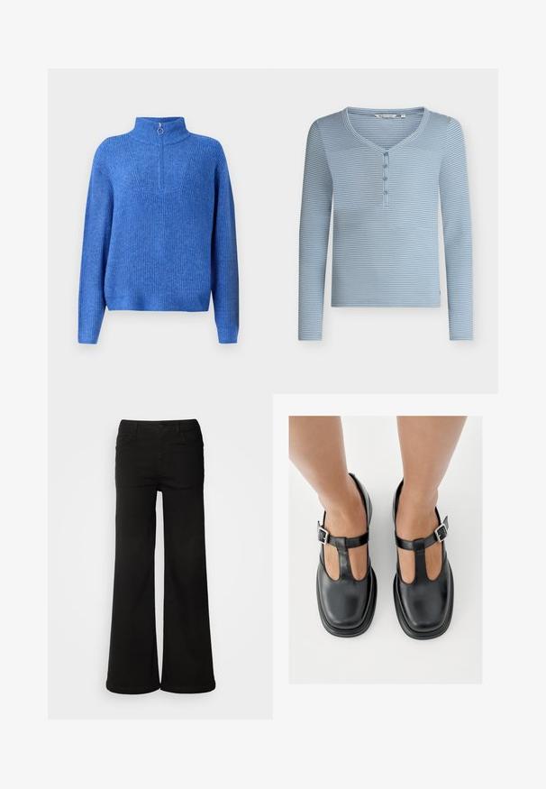 Blauwe gebreide pullover met een hoge kraag en een halve rits. Heeft een textuurstof en een ontspannen, boxy pasvorm.; Blauw-wit horizontaal gestreept henleyshirt met lange mouwen, vier knopen en een afgeronde V-hals.; Zwarte wijde denim broek met voorzakken, een knoopsluiting en een gladde textuur met een nette afwerking.; Zwarte leren schoenen met een T-bandontwerp, gesloten teensluiting en zilverkleurige gespdetails. Glad oppervlak met een ronde neus en platte zool.