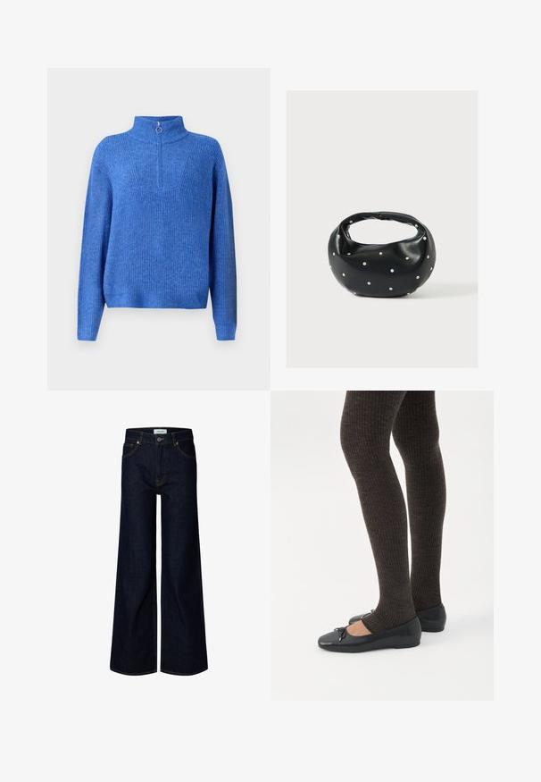 Blå strikket pullover med høj krave og halvlukning. Har et struktureret stof og en afslappet, boxy pasform.; Mørkeblå bredbenede denimjeans med frontknap og lynlås, bæltestropper og frontlommer, vist på en hvid baggrund.; Ben iført mørke ribbede leggings kombineret med sorte balletsko med små sløjfedetaljer på hvid baggrund.; Sort læderhåndtaske med en rundet form, dekoreret med sølvnitter, og et kort håndtag. Glat tekstur og lynlåslukning.