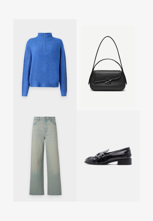Blauwe gebreide pullover met een hoge kraag en een halve rits. Heeft een textuurstof en een ontspannen, boxy pasvorm.; Wrangler LOOSE STRAIGHT - Wijde jeans - silver lake; Zwarte lakleren loafer met twee zilveren gespen, lage blokhak en ronde neus, gezien vanaf de rechterkant op een witte achtergrond.; Zwarte leren handtas met afgeronde hoeken, asymmetrische klep, metalen ronde sluiting en zowel korte als lange schouderriemen.
