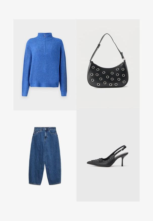 Pull en maille bleu avec un col haut et une fermeture éclair mi-longue. Présente un tissu texturé et une coupe décontractée, légèrement oversized.; Jean en denim bleu avec taille haute, coupe décontractée et jambes droites. Design classique à cinq poches avec fermeture éclair et bouton.; Escarpin en cuir noir à talon aiguille avec un bout pointu, une bride latérale à boucle, des clous le long du bord et un laçage décoratif à l'avant.; Sac d'épaule en cuir noir avec bandoulière réglable, orné d'œillets en métal argenté et fermeture éclair supérieure.