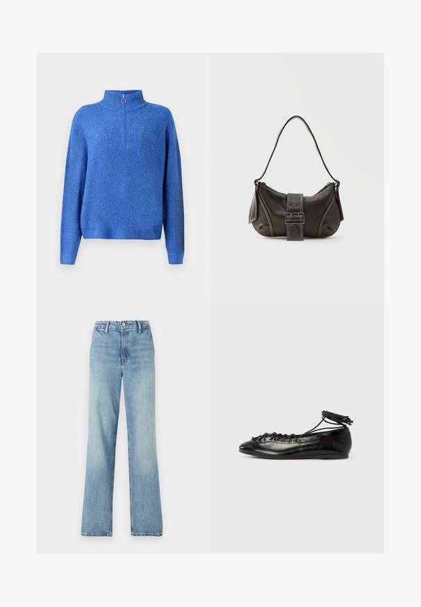 Pull en maille bleu avec un col haut et une fermeture éclair mi-longue. Présente un tissu texturé et une coupe décontractée, légèrement oversized.; Good American GOOD CARPENTER - Wide Leg - indigo; Ballerines en cuir verni noir avec un bout rond, un design à lacets et une semelle plate. Texture lisse avec peu de détails.; Sac à épaule en cuir noir avec une sangle à boucle, des bords arrondis et des coutures blanches contrastées sur un fond uni.