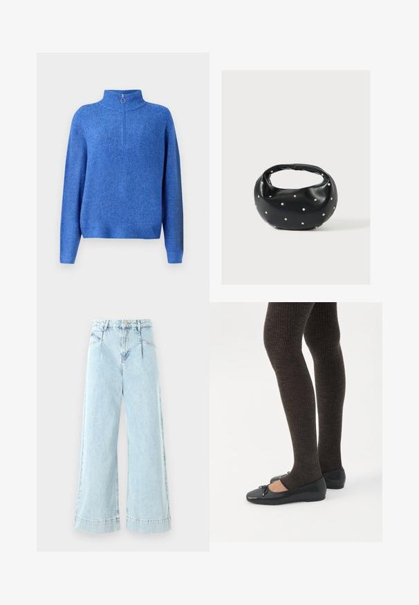 Pull en maille bleu avec un col haut et une fermeture éclair mi-longue. Présente un tissu texturé et une coupe décontractée, légèrement oversized.; Jeans larges en denim bleu clair, avec une taille haute, des poches avant et des accents cousus à l'ourlet.; Jambes portant des leggings côtelés foncés associés à des ballerines noires avec de petits détails en nœud sur fond blanc.; Sac à main en cuir noir de forme arrondie, décoré de clous argentés et équipé d'une poignée courte. Texture lisse et fermeture éclair.