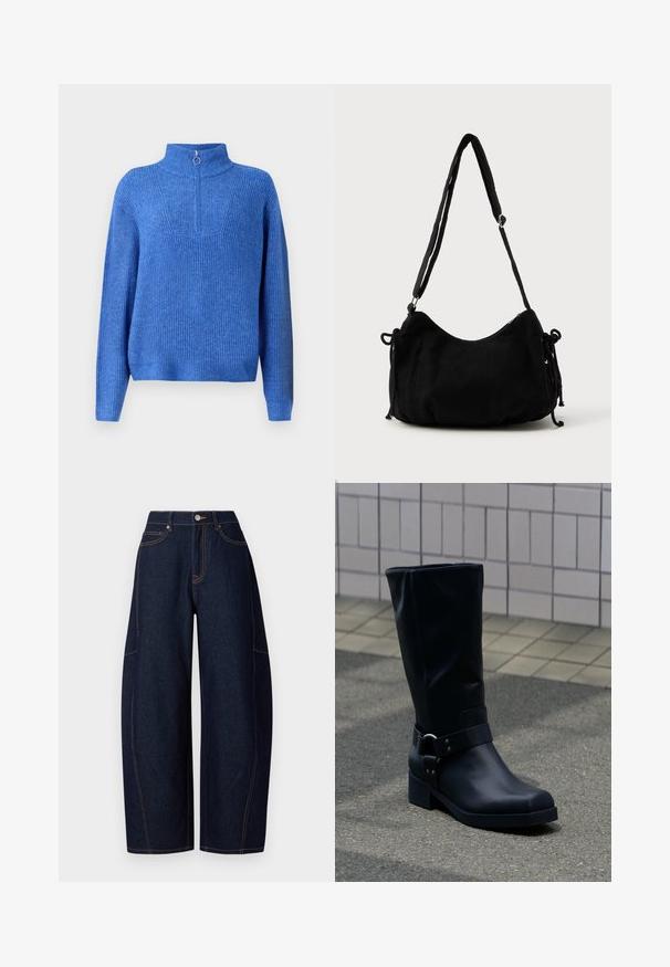 Pull en maille bleu avec un col haut et une fermeture éclair mi-longue. Présente un tissu texturé et une coupe décontractée, légèrement oversized.; Pantalons en denim bleu foncé à jambes larges avec des coutures orange contrastantes, cinq poches, et une fermeture à bouton et fermeture éclair à la taille.; Botte en cuir noire mi-mollet avec un petit talon bloc et une bride décorative avec boucle métallique autour de la cheville, sur un trottoir carrelé.; Sac à épaule en velours côtelé noir avec une forme courbée, bandoulière réglable et fermetures à cordon des deux côtés pour un ajustement de taille.