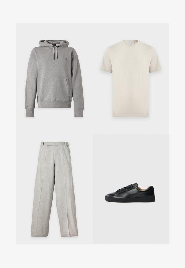 Sweat à capuche gris clair avec poche avant, capuche à cordon, poignets côtelés et petit logo d’animal multicolore sur la poitrine.; T-shirt beige à manches courtes et col rond, en tissu doux, avec une étiquette "Tiger of Sweden" à l'intérieur du col.; Pantalon large gris clair avec plis sur le devant, passants pour ceinture et coupe droite, présenté sur un fond blanc uni.; Baskets en cuir noir avec une texture lisse, bout rond et fermeture à lacets. Comprend une semelle en caoutchouc épaisse et un minimum de détails de marque.