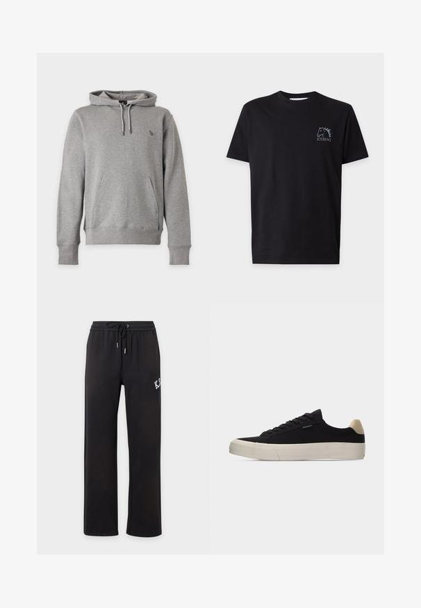 Sweat à capuche gris clair avec poche avant, capuche à cordon, poignets côtelés et petit logo d’animal multicolore sur la poitrine.; T-shirt noir à manches courtes avec une petite tête de cheval brodée et le mot "ICEBERG" sur la partie gauche de la poitrine.; Pantalon décontracté noir avec jambes droites, taille élastique et cordon, avec inscription blanche partielle sur la cuisse droite.; Baskets basses noires avec languette beige au talon, semelle en caoutchouc blanche épaisse, lacets noirs et petite étiquette "PS Paul Smith" sur le côté.