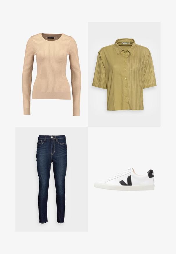 Ribkovaný sveter s dlhým rukávom v svetlo béžovej farbe, vyrobený z elastického materiálu. Má okrúhly výstrih a priliehavý strih s manžetami.; TOM TAILOR BLOUSE TONAL STRIPE MIX - Blúzka - moderate olive; GAP FAVORITE MOON - Džínsy skinny fit - dark moon; Biele tenisky s čiernym logom V, vyrobené z hladkej koženej vrchnej časti, s okrúhlou špičkou, šnurovaním a kontrastným čiernym pätovým tabom.