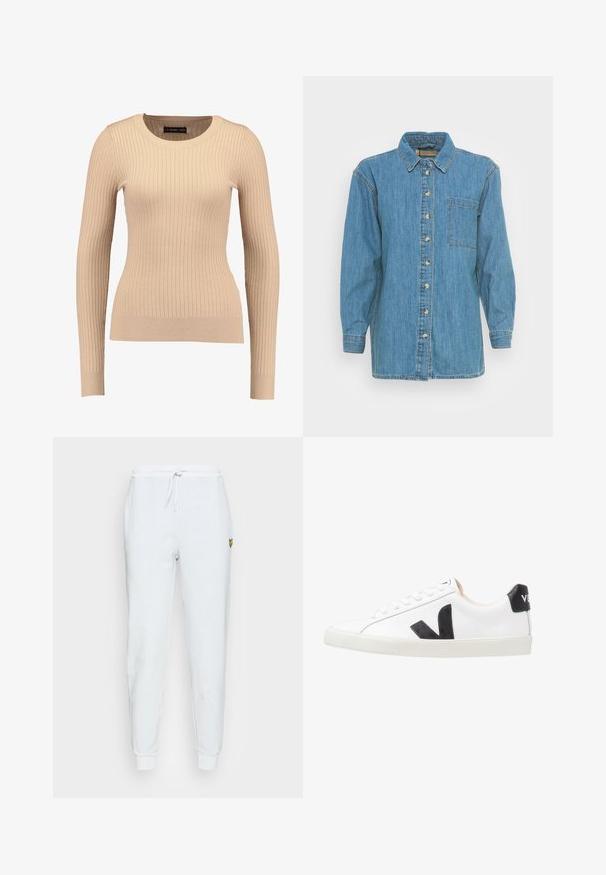 Pull long à manches longues en beige clair, fabriqué dans un tissu extensible. Présente un col rond et une silhouette ajustée avec des poignets resserrés.; Chemise en denim bleu clair avec une fermeture à boutons sur le devant, un col pointu et des manches longues. Présente une poche poitrine unique et des éléments en métal doré.; Lyle & Scott Pantalon de survêtement - washed blue; Baskets blanches avec un logo V noir, présentant un dessus en cuir lisse, un bout rond, un système de laçage et un empiècement au talon noir contrastant.