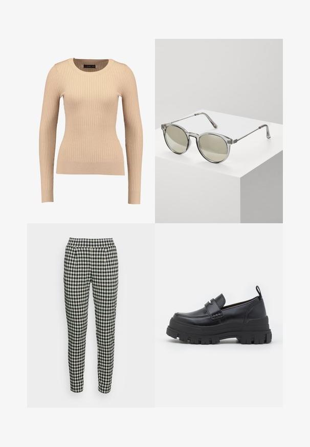 Geribbelde lange mouwen trui in lichtbeige, gemaakt van rekbaar materiaal. Kenmerkt zich door een ronde halslijn en een getailleerde pasvorm met gebande mouwen.; ICHI IHKATE - Broek - black; Zwarte leren loafer met dikke geribbelde zool, moc-toe stiksels, banddetail bovenaan en een trekband bij de hiel, zijaanzicht getoond.; Ronde zonnebrillen met transparante grijze monturen en grijs-getinte lenzen. Metalen accenten op de veren en gebogen armen voor stabiliteit.