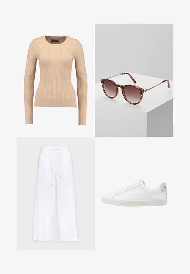 Pull long à manches longues en beige clair, fabriqué dans un tissu extensible. Présente un col rond et une silhouette ajustée avec des poignets resserrés.; Pantalons en lin blancs à jambes larges avec une taille élastique et un cordon de serrage, texture lisse et coupe ample pour le confort.; Baskets en cuir blanc avec une semelle en caoutchouc texturée et blanc cassé. Les caractéristiques incluent des lacets, des coutures discrètes et un accent en daim gris au niveau du talon.; Lunettes de soleil écaille de tortue avec verres dégradés et fins accents en métal doré. Dotées de montures arrondies et de branches élégantes pour un look moderne.