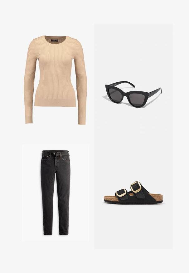Ribbet langærmet sweater i lys beige, lavet af strækbart stof. Har en rund halsudskæring og tætsiddende silhuet med ribbede manchetter.; Sorte denim jeans med lige ben, der har fem lommer, kobberhardware og en let slidte måde.; Sorte ruskind slide sandaler med to brede stropper, hver med en stor guldspænde og en naturlig kork sål med en tekstureret gummisål.; Sorte cat-eye solbriller med mat finish, der har grå tonede linser, skarpe vinkler og slanke sidearme. Mærkenavnet er synligt på den indre arm.
