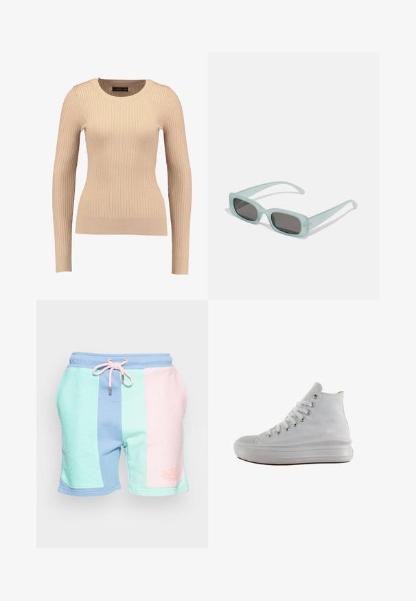 Ribbet langærmet sweater i lys beige, lavet af strækbart stof. Har en rund halsudskæring og tætsiddende silhuet med ribbede manchetter.; Farverige sportsst shorts med strukturerede paneler i mintgrøn, pastelpink og blå. Elastisk talje med snøre og logo-detail.; Hvid højt canvas sneaksko med hvide snørebånd, metaløjer, tyk gummisål og tekstureret tåhætte, vendt mod venstre på en hvid baggrund.; Et par rektangulære solbriller med lyseblå gennemsigtige stel og mørkegrå linser, der har lige templer og minimale hardware detaljer.