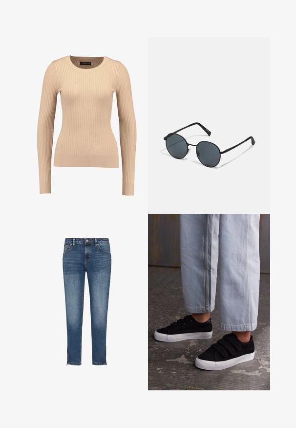 Pull long à manches longues en beige clair, fabriqué dans un tissu extensible. Présente un col rond et une silhouette ajustée avec des poignets resserrés.; QS SADIE MID RISE ZIPPER AM SAUM SUPERSTRETCH - Jean slim - blau; Baskets en velours côtelé noir avec trois bandes Velcro et un dessus texturé. Semelle en caoutchouc blanc à profil bas. Portées avec un pantalon cropped bleu clair.; Lunettes de soleil en métal noir avec des verres ronds, teintés foncés, branches fines et plaquettes de nez réglables, arborant un design minimaliste sans logo visible.