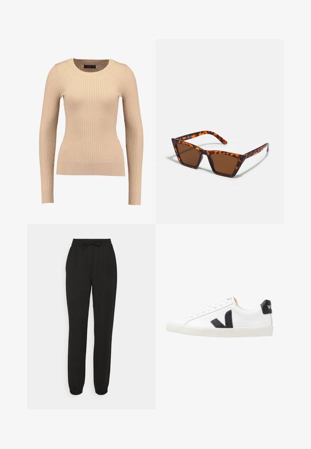 Geribbelde lange mouwen trui in lichtbeige, gemaakt van rekbaar materiaal. Kenmerkt zich door een ronde halslijn en een getailleerde pasvorm met gebande mouwen.; Vero Moda Tall VMLUCCA TAPERED TRACK PANT TLL - Broek - black; Witte sneaker met een zwart V-logo, voorzien van een gladleren bovenwerk, ronde neus, vetersluiting en een contrasterende zwarte hieltab.; Bruin getinte zonnebril met een schildpadmotief, hoekig montuur en slanke armen. Lichtgewicht kunststof materiaal.