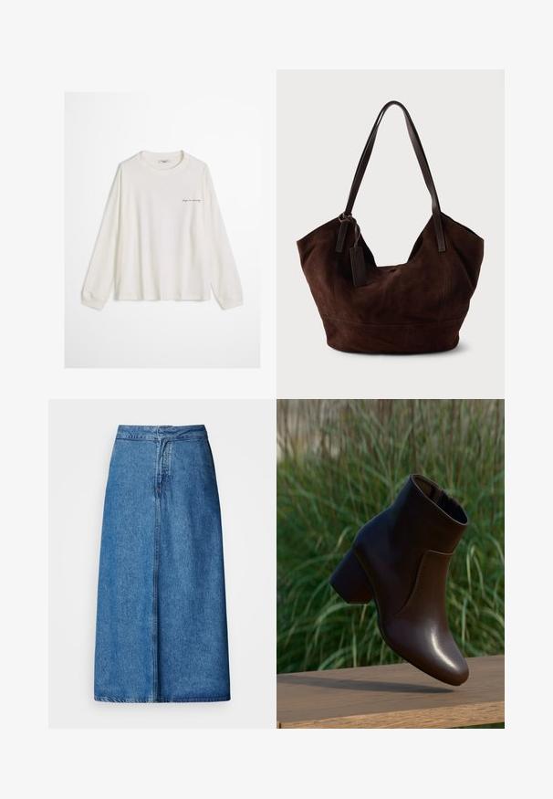 Chemise blanche à manches longues et col rond avec un petit texte noir "keep on moving" sur la partie supérieure gauche de la poitrine, présentée sur un fond uni.; Jupe midi en denim à coupe décontractée, avec une taille haute, un ourlet effiloché et une couleur bleu uni. Design simple sans ornements visibles.; Bottine en cuir marron foncé à talon bloc flottant au-dessus d'une surface en bois, avec un arrière-plan flou d'herbe verte.; Handbag en cuir suédé marron avec une forme douce et souple. Doté de poignées en cuir et d'une étiquette décorative. Texture plain avec des coutures courbes.
