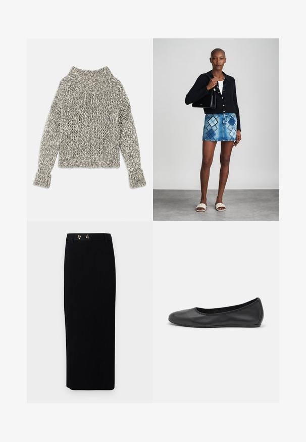 Pull en tricot épais dans des teintes crème et gris. Il présente un large col et des poignets côtelés, avec une coupe carrée et un motif texturé tout au long.; AERON FORUM - Jupe crayon - black; Ballerines en cuir noir avec un bout rond, texture lisse, détails de couture minimalistes et design de semelle flexible.; Un cardigan en maille noir, un haut blanc, une jupe en denim avec un motif de diamants bleus et noirs, un sac à main noir et des sandales à enfiler beiges.