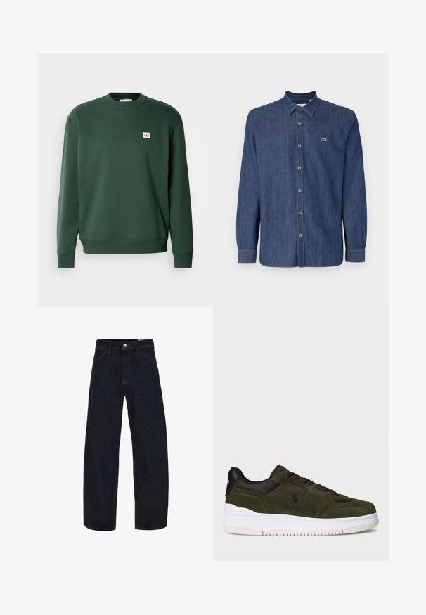 Grøn sweatshirt lavet af blandingsbomuld, der har en rund halsudskæring og ribbede manchetter. Lille logo patch på brystet. Glat struktur.; Mørkeblå denimskjorte med lange ærmer, der har en button-down krave, frontknapper og et lille grønt logo på brystet.; Mørkeblå vidde jeans med knap og lynlås foran, bæltestropper og sidelommer.; Grøn ruskinds sneakers med sort mesh og læderdetaljer, hvid gummisål, afrundet form og præget logo på siden.