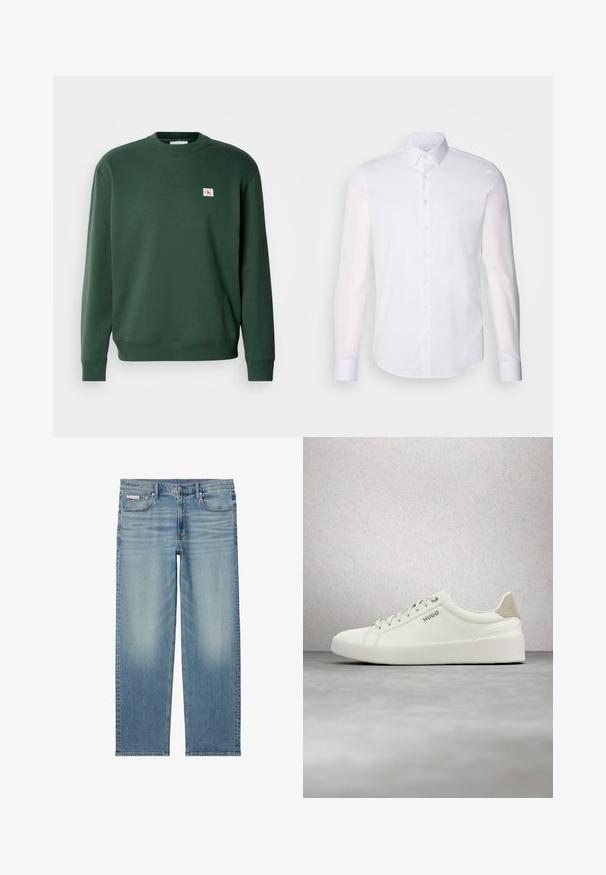 Grøn sweatshirt lavet af blandingsbomuld, der har en rund halsudskæring og ribbede manchetter. Lille logo patch på brystet. Glat struktur.; Hvid langærmet button-up skjorte lavet af bomuld, med en klassisk krave, frontknapper og minimal syning detalje.; Lyseblå straight-leg denim jeans med falmede detaljer, frontknap og lynlås samt fem-lomme design inklusive et lille Calvin Klein mærke på lommen.; Hvid lav sneaker med snørebånd og beige hælflap med mærket "HUGO," svævende over en poleret betonflade nær en glasblokvæg.