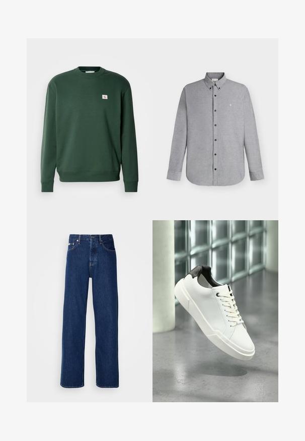 Groene sweatshirt van katoenmix, met een ronde hals en geribde manchetten. Kleine logo patch op de borst. Soepele textuur.; Lichtgrijs overhemd met lange mouwen, knopen aan de voorkant en een button-down kraag, met klein "cK"-logo geborduurd op de linkerborst.; Donkerblauwe denim jeans met een wijdbeen ontwerp, voorzien van een knoopsluiting en klassieke vijf-pocket styling. De stof heeft een gladde textuur.; Witte lage sneaker met zwarte, gestructureerde hielkap, witte veters en dikke zool op een gepolijste betonnen vloer nabij glazen blokken.