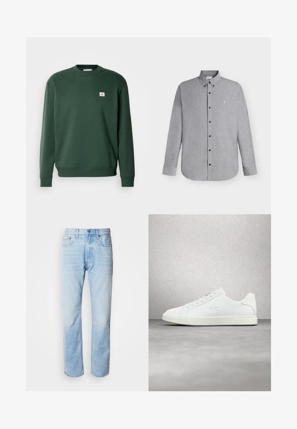 Groene sweatshirt van katoenmix, met een ronde hals en geribde manchetten. Kleine logo patch op de borst. Soepele textuur.; Lichtgrijs overhemd met lange mouwen, knopen aan de voorkant en een button-down kraag, met klein "cK"-logo geborduurd op de linkerborst.; Lichtblauwe denim jeans met een rechte pijp, met vervaagde delen, vijf-pocket ontwerp en een klassieke knoopsluiting.; Witte leren sneaker met een gladde afwerking, vetersluiting, logodetail aan de zijkant en een contrasterende witte rubberen zool.