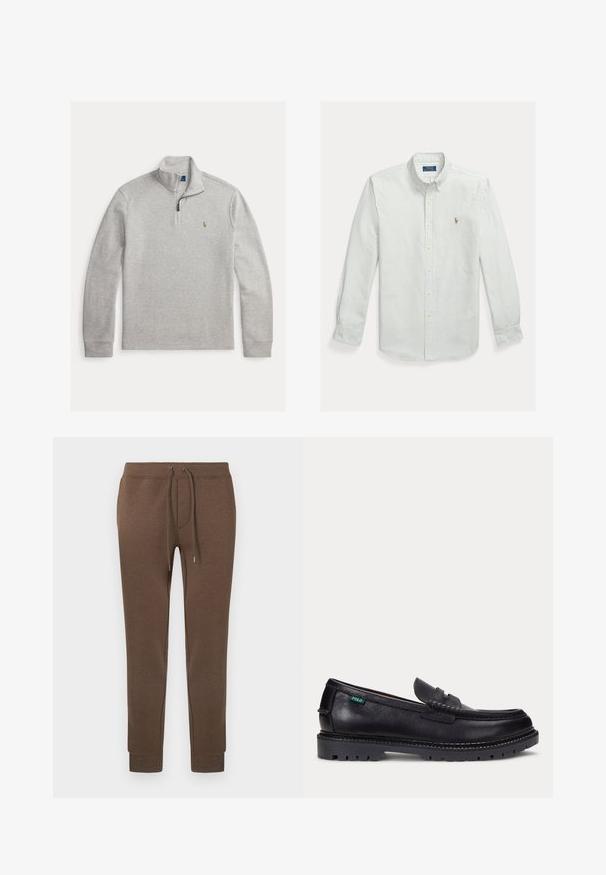 Pull gris clair à manches longues avec col zippé au quart et petit logo brodé sur la poitrine gauche.; Chemise à rayures vert clair et blanc en coton, avec un col classique et un petit logo brodé sur la poitrine.; Pantalon de survêtement marron en matière douce et extensible, avec une taille élastique, un cordon de serrage et des poignets côtelés. Petit logo en haut à gauche.; Mocassin en cuir noir avec une semelle épaisse à crampons et une petite étiquette verte "Polo" sur le côté extérieur, près du talon.