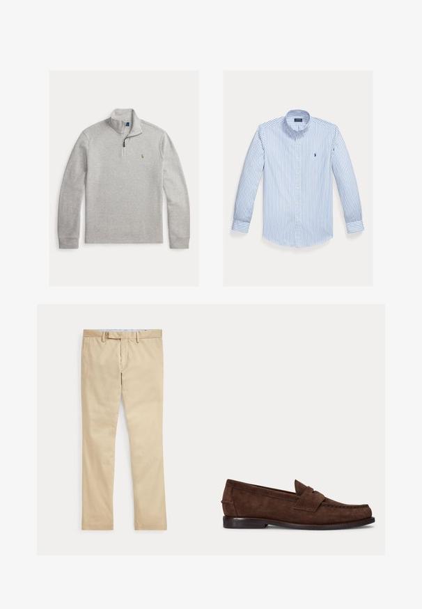 Pull gris clair à manches longues avec col zippé au quart et petit logo brodé sur la poitrine gauche.; Chemise à manches longues bleu clair avec des rayures blanches verticales, un col boutonné et un petit logo sur la poche poitrine gauche.; Pantalon beige à jambes droites avec passants de ceinture et braguette zippée à l'avant, posé à plat sur un fond blanc.; Mocassin penny en daim marron avec un petit talon et des coutures visibles le long de l'orteil, du côté et à l'arrière, présenté sur un fond clair uni.