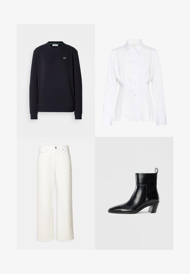 Effen zwarte lange mouwen Lacoste crewneck sweatshirt met geborduurd groen krokodillenlogo op de linkerkant van de borst tegen een witte achtergrond.; Witte blouse met lange mouwen, knopen aan de voorkant, een puntige kraag, een aangesloten taille en een zichtbaar merklabel "Gestuz" aan de binnenkant van de kraag.; Witte jeans met wijde pijpen, voorste knoopsluiting, riemlussen en een ontwerp met vijf zakken.; Zwarte leren enkelboot met een spitse neus, een geometrische gestapelde hak en een trekband aan de achterkant. Gladde textuur en slank ontwerp.