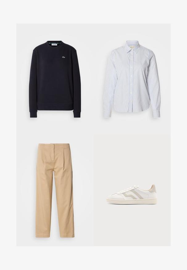 Simpel sort langærmet Lacoste sweatshirt med rund hals og broderet grønt krokodillelogo på venstre bryst mod hvid baggrund.; Blå- og hvidstribet skjorte med knapper, klassisk krave, lange ærmer og en lige kant. Stoffet har en glat tekstur.; Beige bomuldsbukser med en afslappet pasform, der har to frontfolder, en lige ben-konstruktion og en klassisk knaplukning i taljen.; Hvid lavtop sneaker med beige ruskind detaljer og hvide snørebånd, med en tekstureret sål og subtil branding på siden.