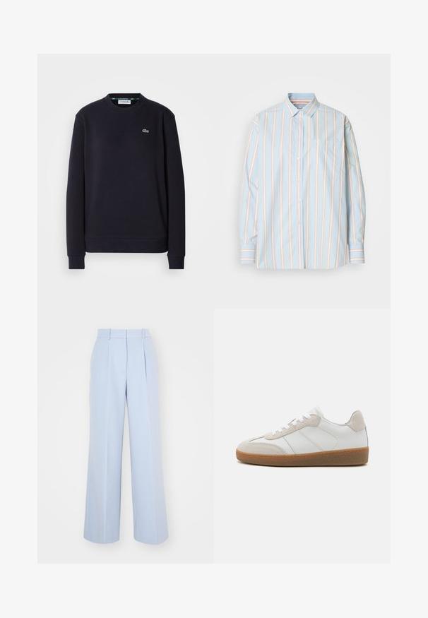 Simpel sort langærmet Lacoste sweatshirt med rund hals og broderet grønt krokodillelogo på venstre bryst mod hvid baggrund.; Lyseblå button-up skjorte med lodrette striber i hvid og blød pink. Inkluderer en brystlomme og kontrasterende stribede manchetter. Blødt stof tekstur.; Lysblå vidde bukser med høj talje, der har plisseringer foran, lavet af et glat, vævet stof. Ingen synlig hardware.; Hvide lædersneakers med beige ruskindsdetaljer, struktureret tunge og gummisål. Har hvide snørebånd og diskrete stikninger.